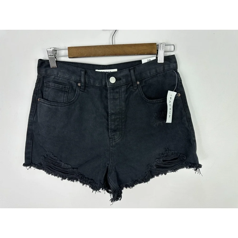 PacSun Denim Shorts 28 Black Vintage High Rise‎ Distressed Raw Hem Y2K Grunge
